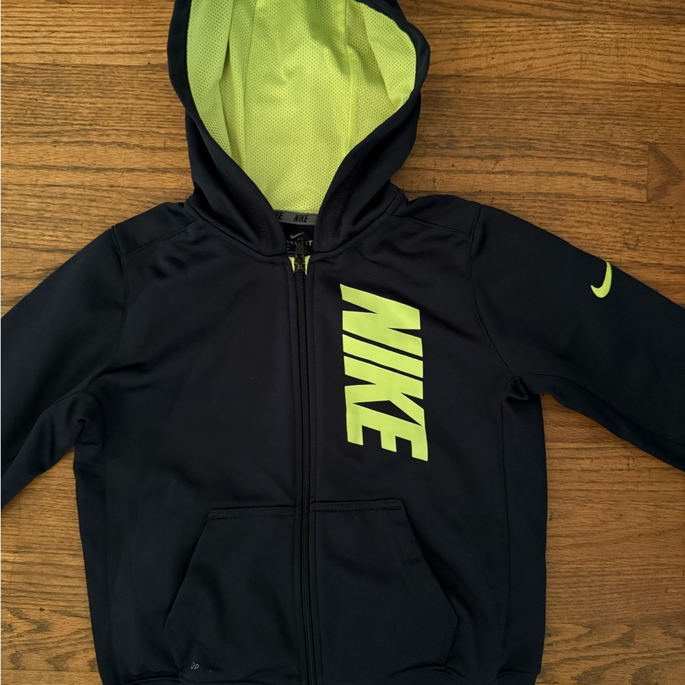 Boys Nike Dri-Fit Full Zip Hooded Jacket Blue Neon Size 7 - Picture 2 of 3